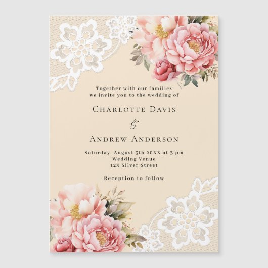 ベージピンクのローズ金ゴールド花模様レース結婚プレミアム マグネット招待状 (正面)