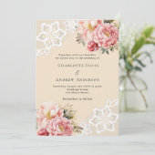 ベージピンクのローズ金ゴールド花模様レース結婚プレミアム 招待状 (スタンド正面)