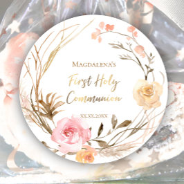 ベージピンクの花の最初の聖餐式 ラウンドシール