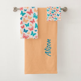 ベージピンクターコイズ数々の蝶パターン バスタオルセット