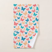 ベージピンクターコイズ数々の蝶パターン バスタオルセット (ハンドタオル)