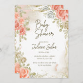 ベージベイビーシャワーフローラフラットアナウンスメントカード 案内状 (正面/裏面)