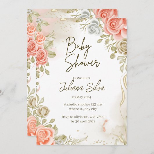 ベージベイビーシャワーフローラフラットアナウンスメントカード 案内状 (正面/裏面)