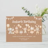 ベージュおもしろいかわいい動物の誕生日パーティー 招待状 (スタンド正面)
