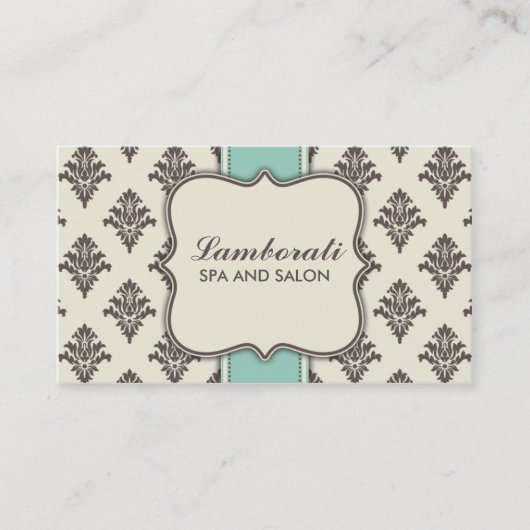 ベージュおよび緑エレガントなダマスク織花のモダンなブラウン 名刺 (正面)