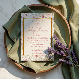 ベージュお洒落ワイルドフラワーバニーベビーシャワー 招待状