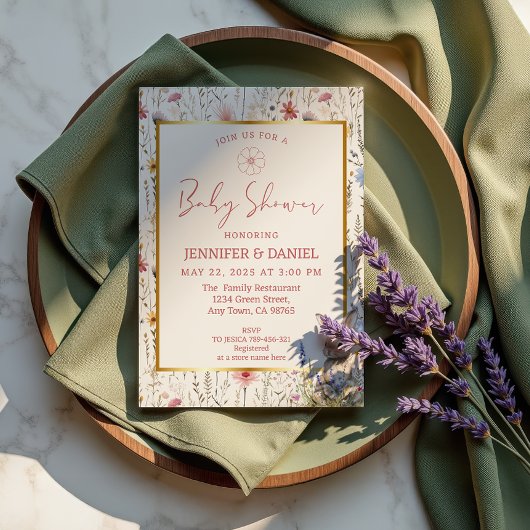 ベージュお洒落ワイルドフラワーバニーベビーシャワー 招待状