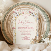 ベージュお洒落ワイルドフラワーバンニーベビーシャワー 招待状