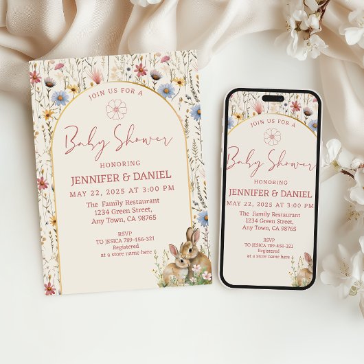 ベージュお洒落ワイルドフラワーバンニーベビーシャワー 招待状