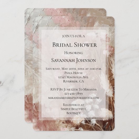 ベージュかわいらし赤面ピンクボホフローラブライダルシャワー 招待状 (正面/裏面)