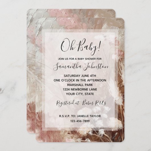 ベージュかわいらし赤面ピンクボホフローラベビーシャワー 招待状 (正面/裏面)