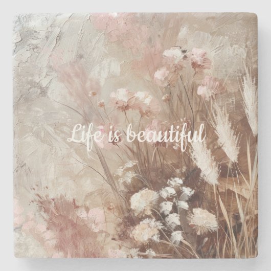 ベージュかわいらし赤面ピンクボホフローラ ストーンコースター (正面)