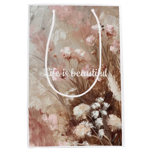 ベージュかわいらし赤面ピンクボホフローラ ミディアムペーパーバッグ (正面)