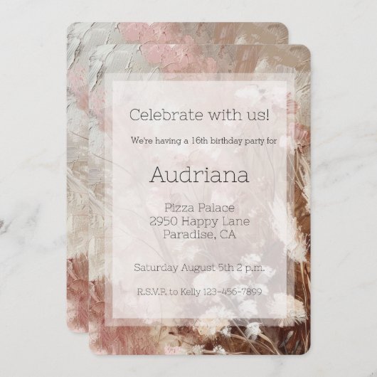 ベージュかわいらし赤面ボホピンクフローラ16位誕生日 招待状 (正面/裏面)
