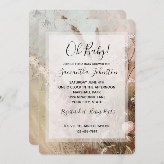 ベージュかわいらし赤面ボホフローラベビーシャワー 招待状 (正面/裏面)