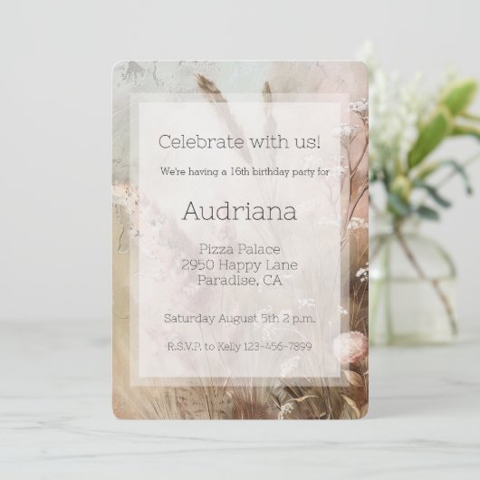 ベージュかわいらし赤面ボホフローラ16th誕生日 招待状 (スタンド正面)