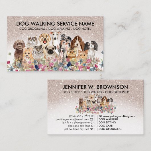 ベージュきらきら光るかわいい犬猫 名刺 (正面/裏面)
