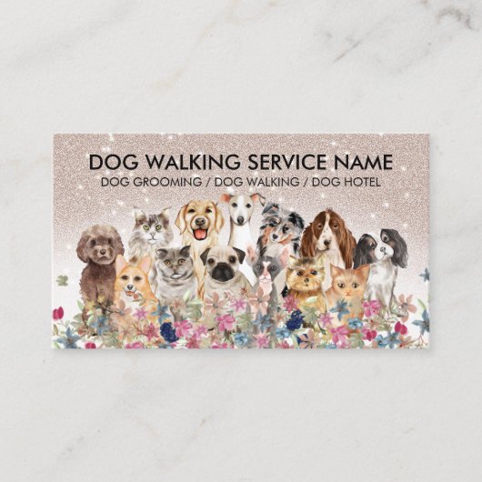 ベージュきらきら光るかわいい犬猫 名刺 (正面)
