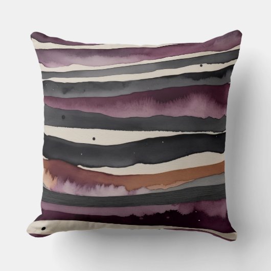 ベージュさび紫と炭の抽象芸術 ストライプ クッション (正面)