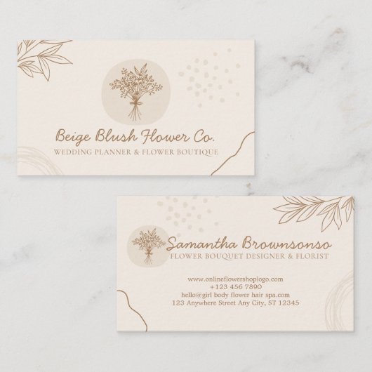 ベージュとソフトピンクのカリグラフィー結婚式花束 名刺 (正面/裏面)