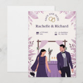 ベージュとパープルのアニメーション結婚式招待状 招待状 (正面/裏面)