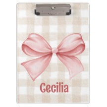 ベージュとピンクのギンガム、水色の弓