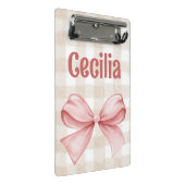 ベージュとピンクのギンガム、水色の弓 ミニクリップボード (アングル)