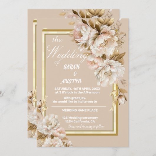 ベージュとピンクの水の色のフローラ結婚の出現 招待状 (正面/裏面)