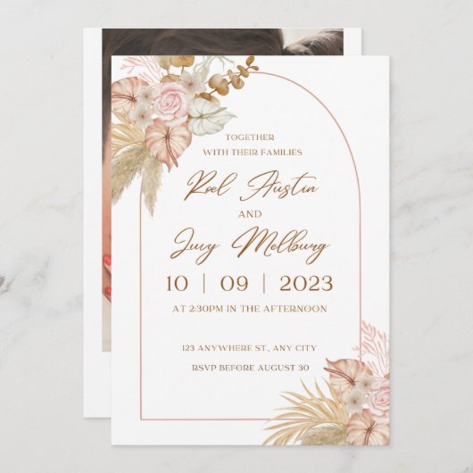 ベージュとピンクの水色のフローラ結婚ズ 招待状 (正面/裏面)
