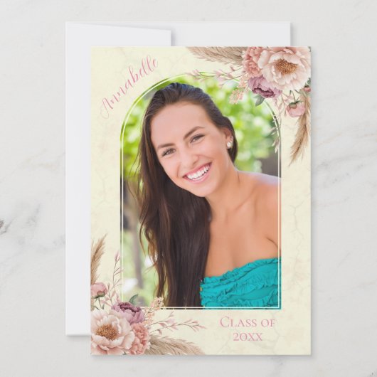 ベージュとピンクボホの水カラーフローラ卒業 招待状 (裏面)