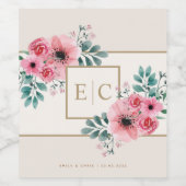 ベージュとピンク |水彩花モノグラム結婚ズ ワインラベル (シングルラベル)