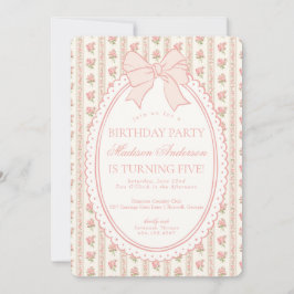 ベージュとピーチのヴィンテージ ファンシー フローラル 誕生日パーティー 招待状