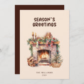 ベージュとブラウンの暖炉のフラットホリデーカード シーズンカード (正面/裏面)