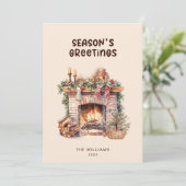 ベージュとブラウンの暖炉のフラットホリデーカード シーズンカード (スタンド正面)