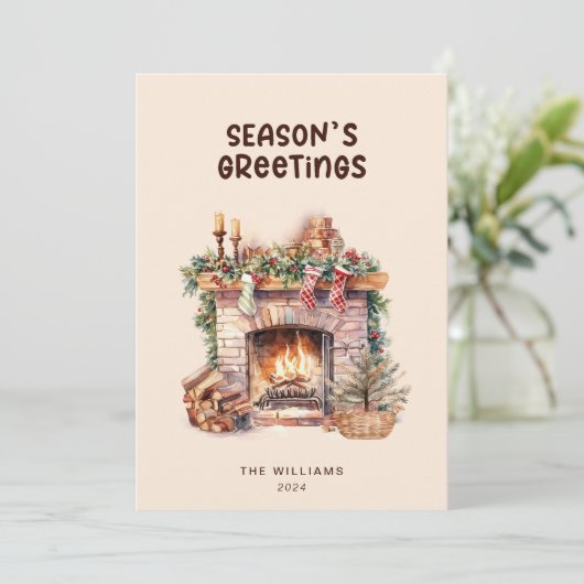 ベージュとブラウンの暖炉のフラットホリデーカード シーズンカード (スタンド正面)