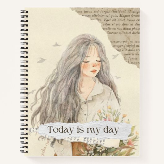 ベージュとブラウンウォーター色の女性イラストレーション ノートブック (正面)