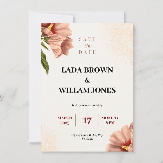 ベージュとブラウンフローラの美学結婚の 招待状 (正面)