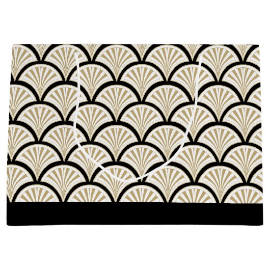 ベージュとブラックのアートデコ抽象芸術の花模様 ラージペーパーバッグ (正面)