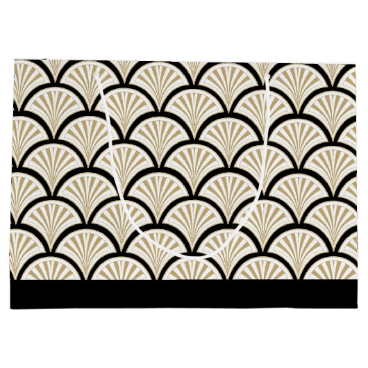 ベージュとブラックのアートデコ抽象芸術の花模様 ラージペーパーバッグ (裏面)