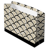 ベージュとブラックのアートデコ抽象芸術の花模様 ラージペーパーバッグ (裏面アングル)