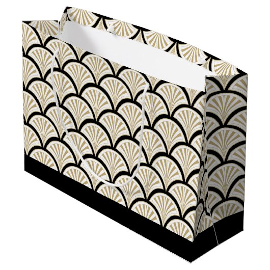 ベージュとブラックのアートデコ抽象芸術の花模様 ラージペーパーバッグ (裏面アングル)