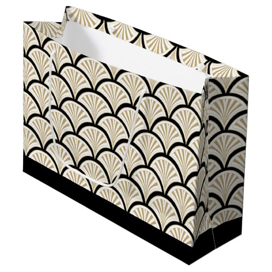 ベージュとブラックのアートデコ抽象芸術の花模様 ラージペーパーバッグ (正面アングル)