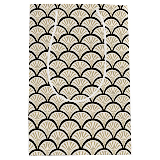 ベージュとブラックアートデコ抽象芸術花模様 ミディアムペーパーバッグ (正面)