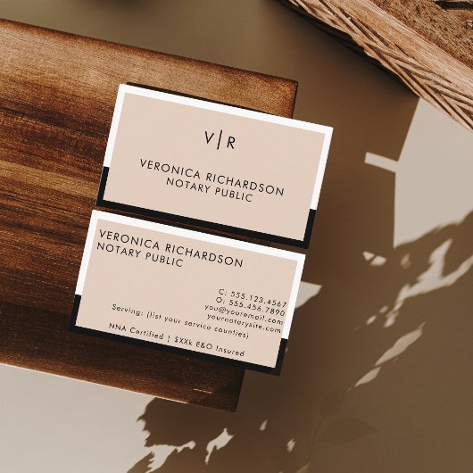 ベージュとブラックミニマルクリーン熟公証人 名刺