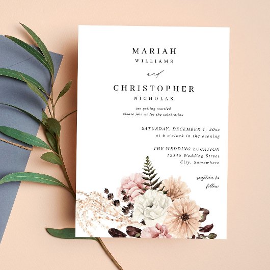 ベージュとブラッシュピンクのラスティックフラワーの結婚式 招待状