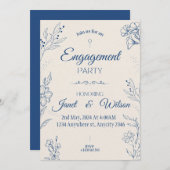 ベージュとブルーの花柄エンゲージメントパーティー招待状 招待状 (正面/裏面)