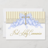 ベージュとブルー金ゴールドクロスボーイズ第1聖餐式 招待状 (正面)
