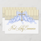 ベージュとブルー金ゴールドクロスボーイズ第1聖餐式 招待状 (正面/裏面)