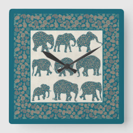 ベージュとペイズリー ボーダー 壁掛け時計 Paisley Elephants スクエア壁時計