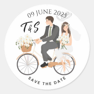 ベージュとホワイトのイラスト風Save The Date ラウンドシール